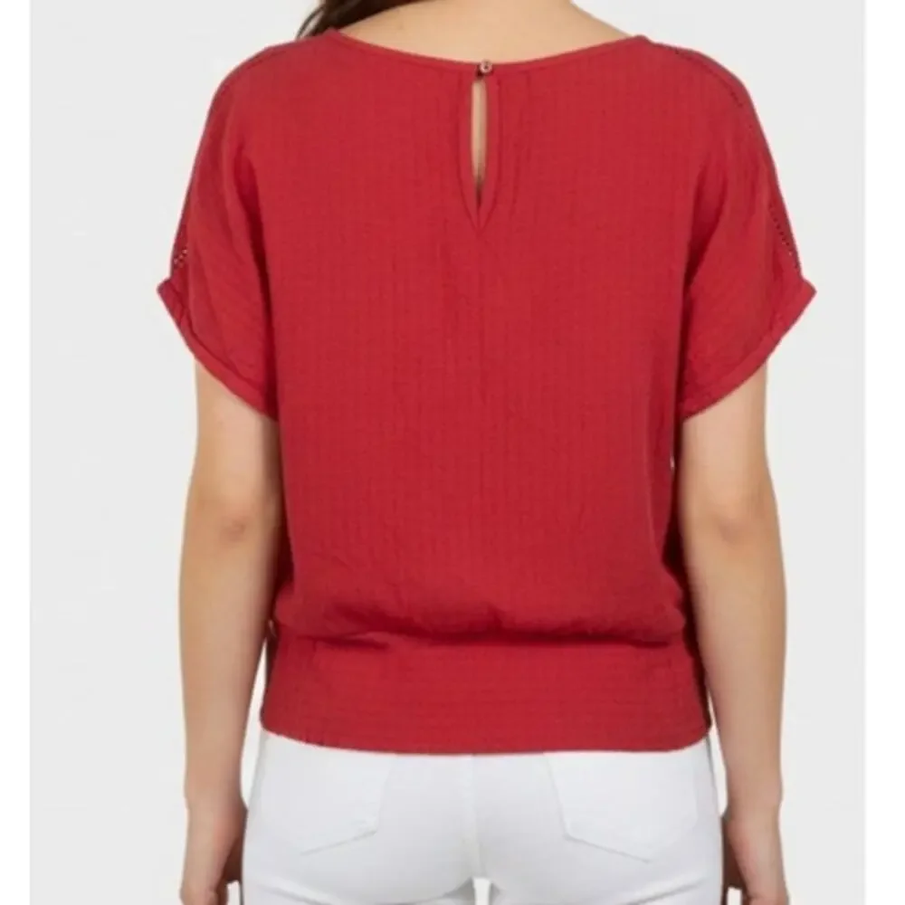 Buffalo David Bitton Womens Large Red Cap Sleeve Tie Waist Top 100% Viscose - Picture 5 of 12